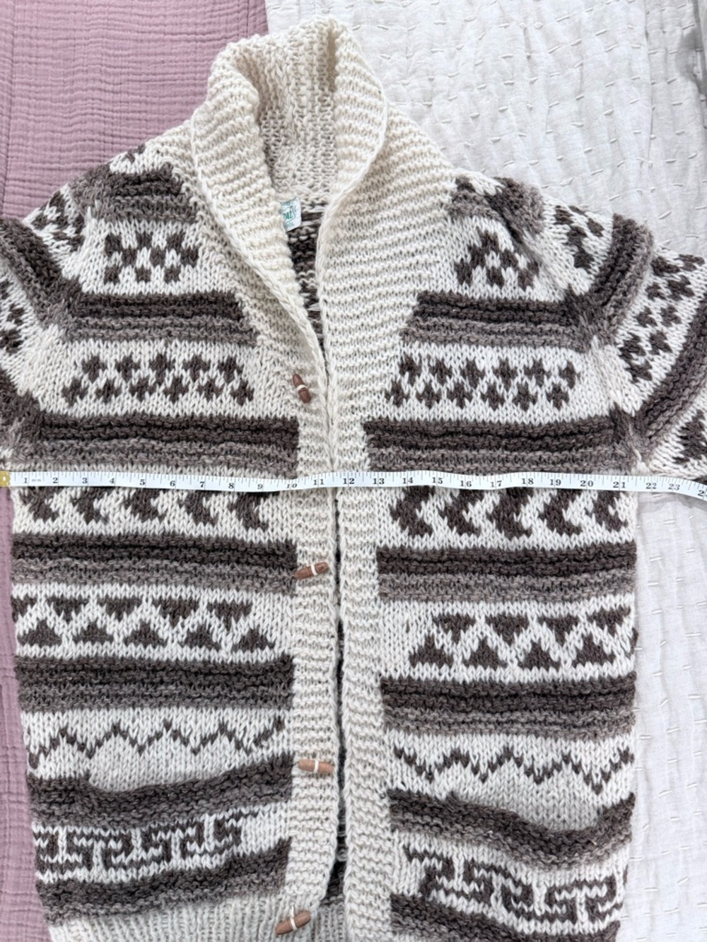 Wool Fair Isle Cardigan Sweater - Cream and Brown Size M - Picture 6 of 7